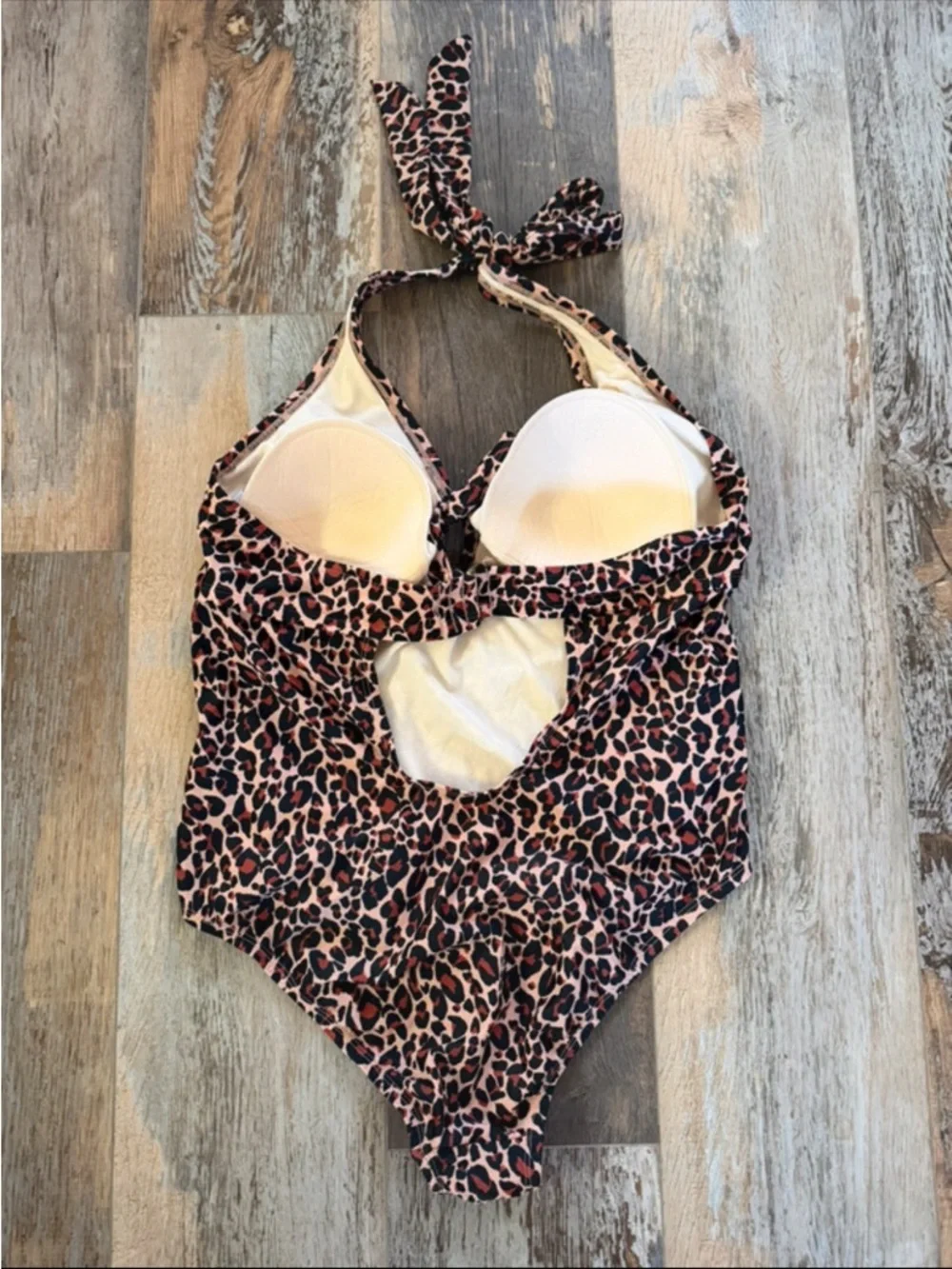 Kona Sol Leopard Print Halter One-Piece Swimsuit - Brown/Tan/Black